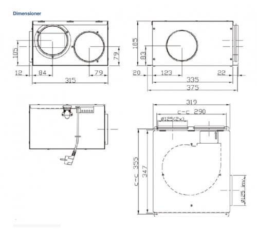 Måttskiss Systemair Essvent S Kryddhyllefläkt
